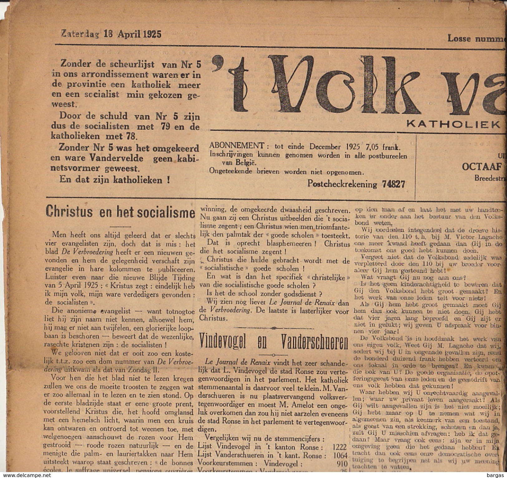 Journal Ancien 'tVOLK VAN RONSE Renaix Politique Catholique 18 Avril 1925 - 1850 - 1899