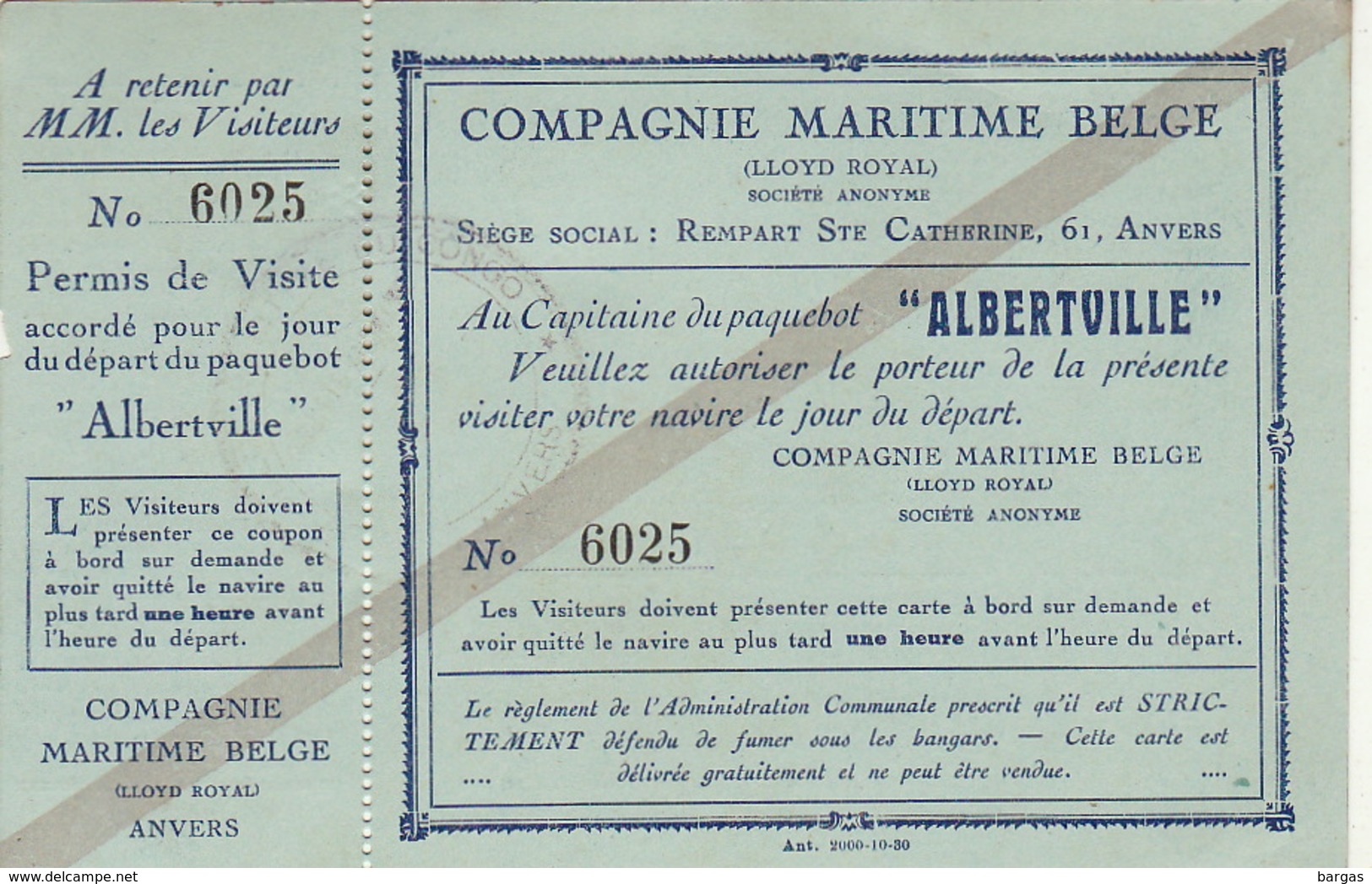 Bateau Compagnie Maritime Belge CMB Paquebot Albertville Tiquet De Visite - Altri & Non Classificati