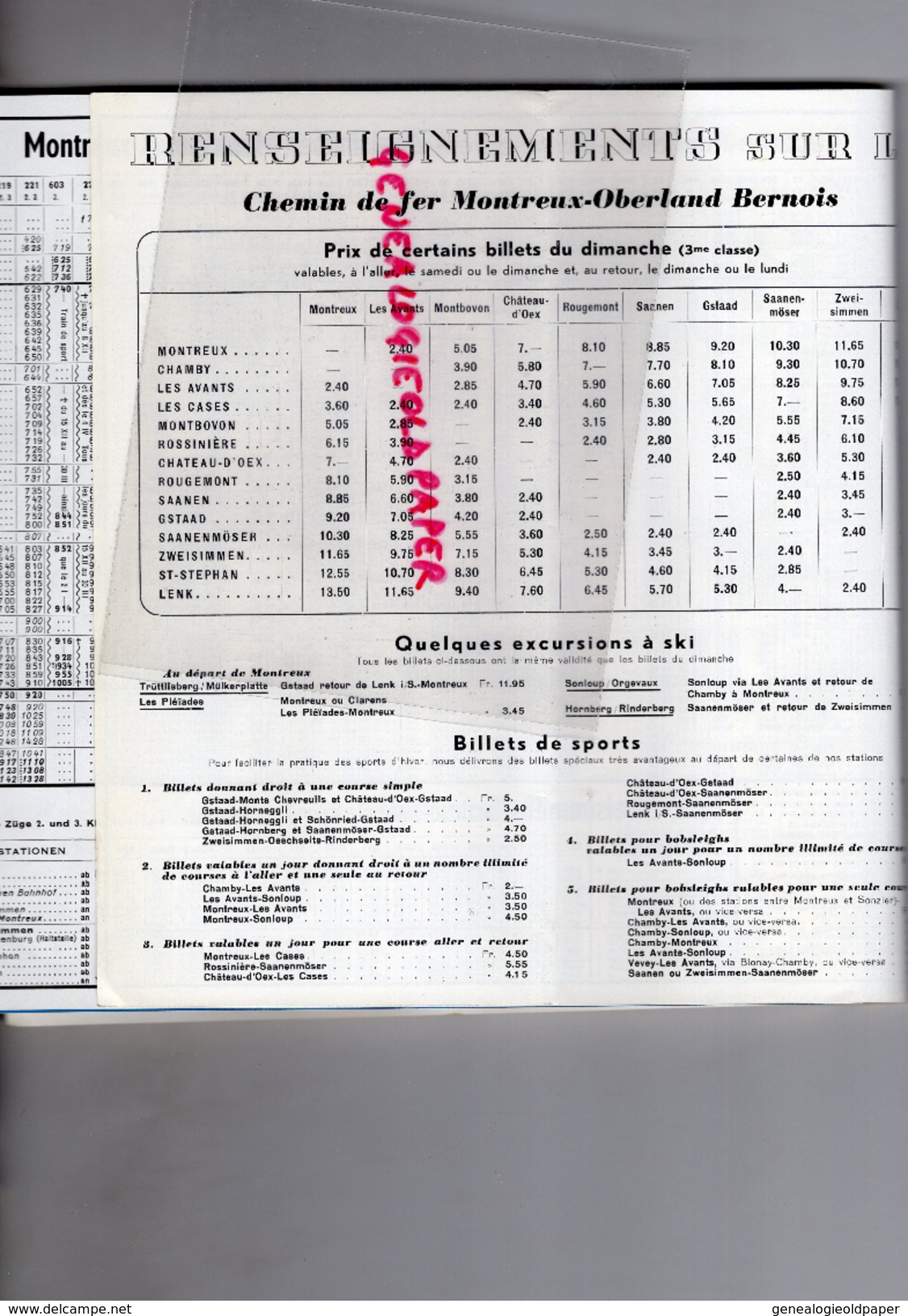 SUISSE - MONTREUX-OBERLAND BERNOIS-CHEMIN FER ROCHERS DE NAYE-1946-47-SKI- GSTAAD-ZWEISIMMEN-LENK SIMMENTHAL-BERNE