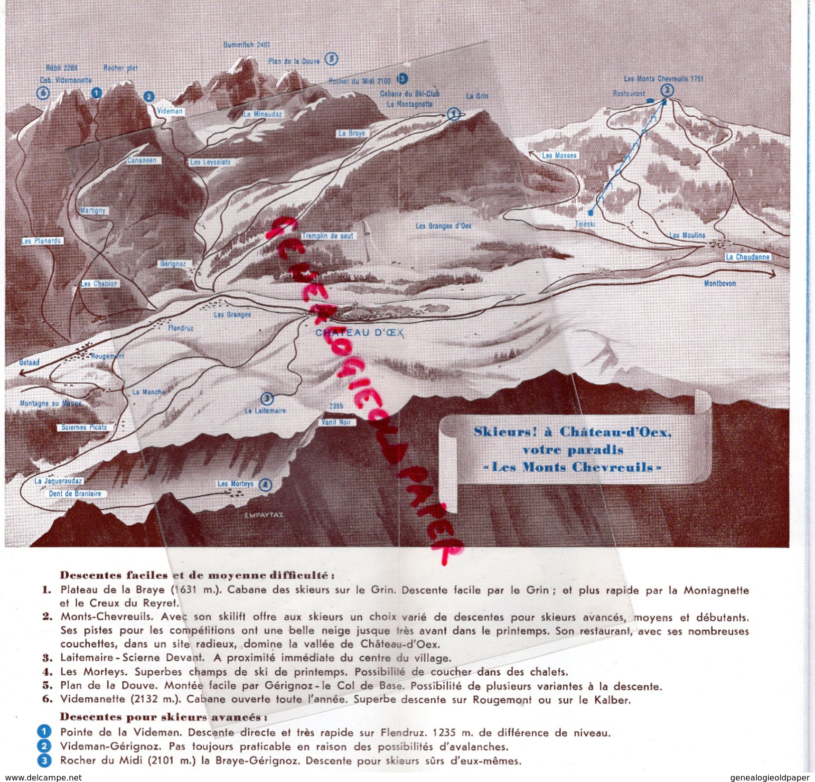 SUISSE -CHATEAU D' OEX-SKI-- BEAU DEPLIANT TOURISTIQUE ANNEES 1940 - LES MONTS CHEVREUILS-LES MOSSES-GERIGNOZ-MORTEYS - Dépliants Turistici