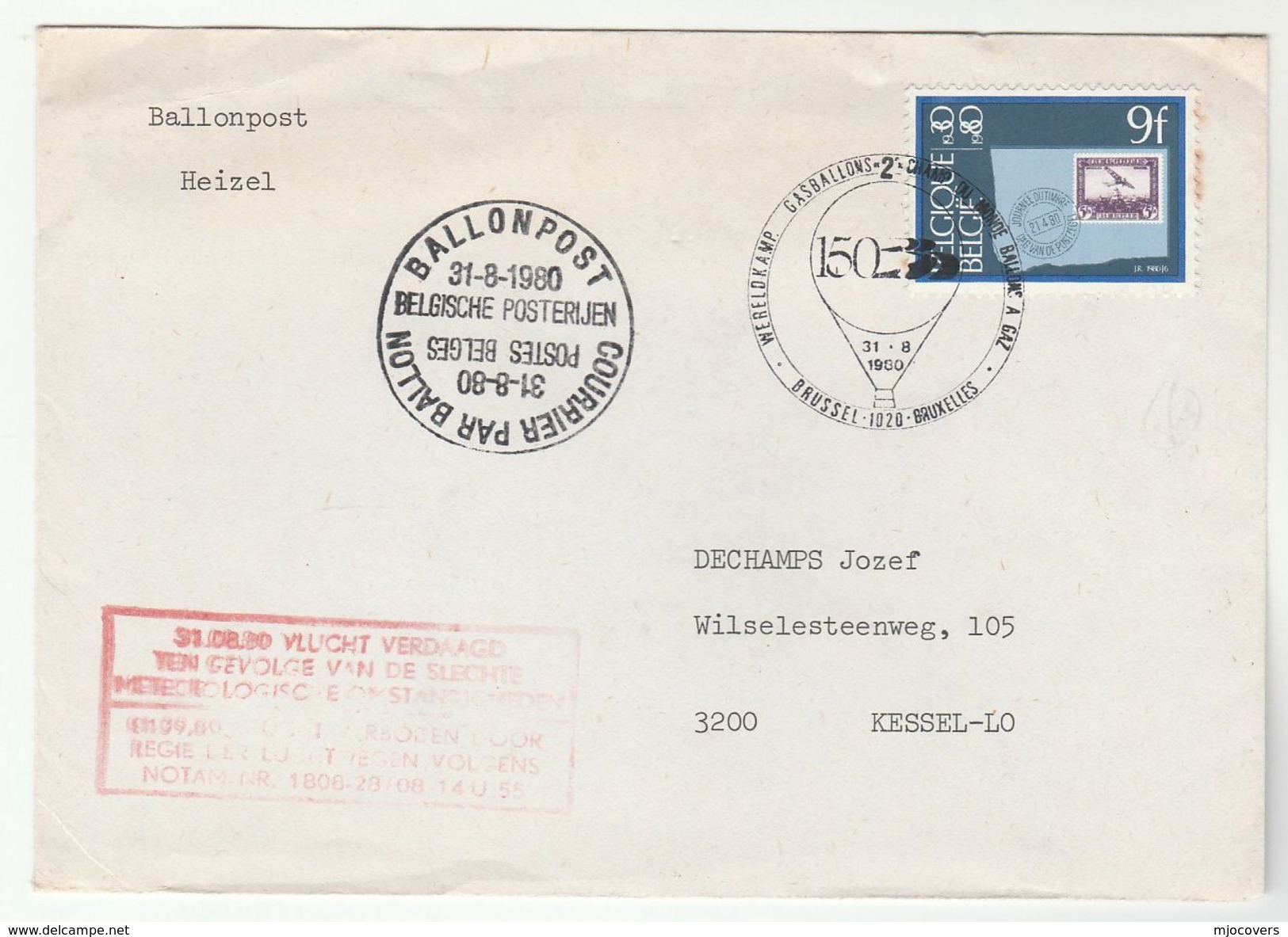 1980 BELGIUM Ballonpost BALLOON FLIGHT COVER Ballooning Stamps - Covers & Documents