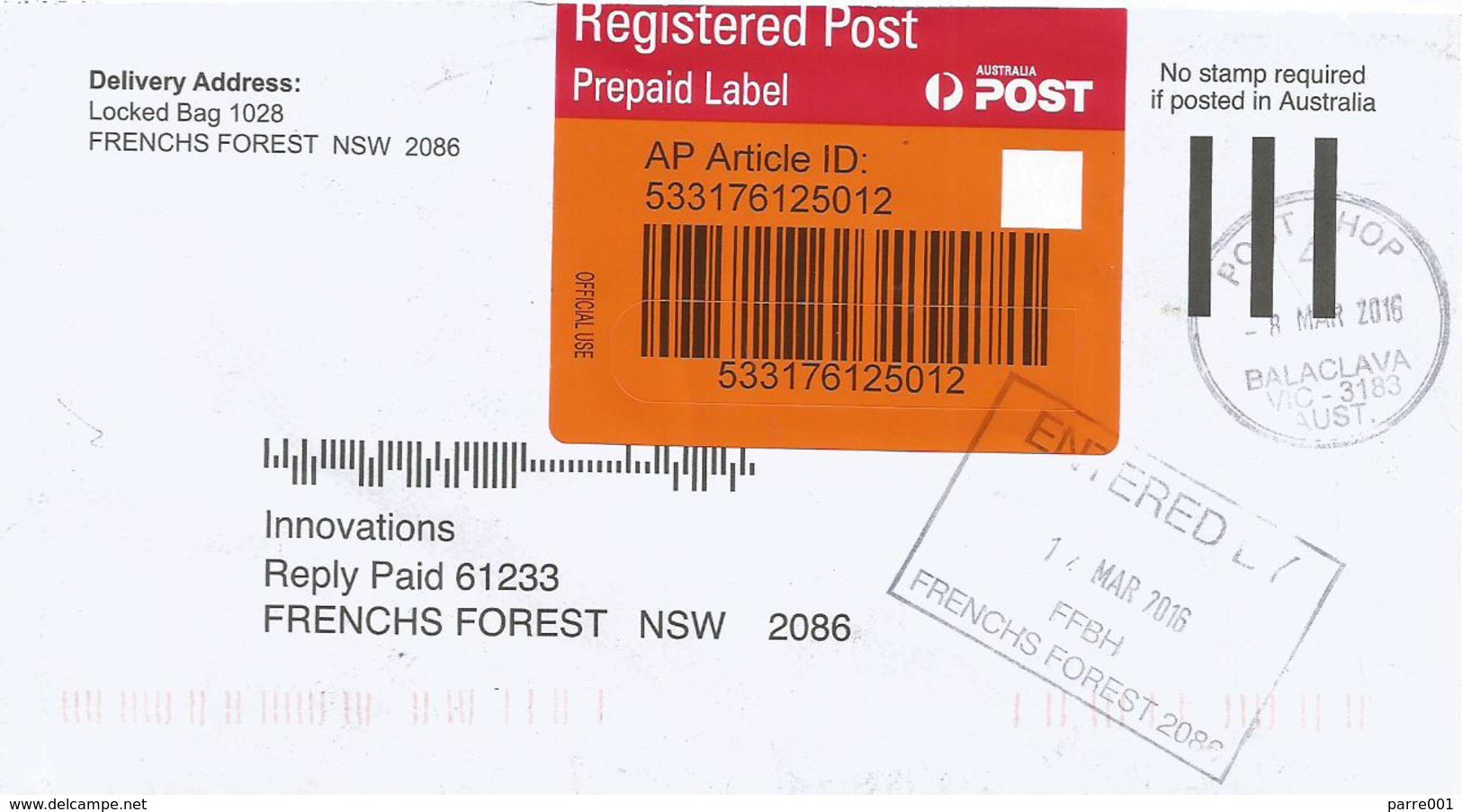 Australia 2016 Balaclava Unfranked Barcoded Prepaid Label Domestic Registered Cover - Storia Postale