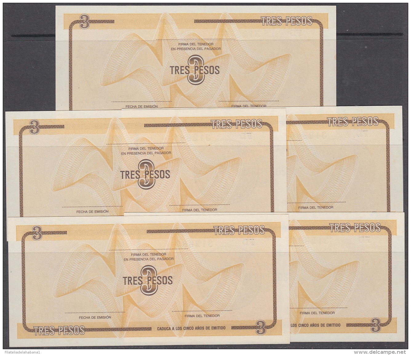 1985-BK-149 CUBA 1985. 3$ CERTIFICADO DE DIVISA SERIES D. 5 CONSECUTIVE UNC. - Cuba