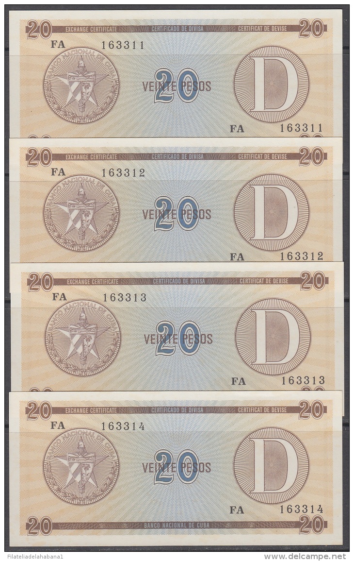 1985-BK-155 CUBA 1985. 20$ CERTIFICADO DE DIVISA SERIES D. 4 CONSECUTIVE UNC. - Cuba