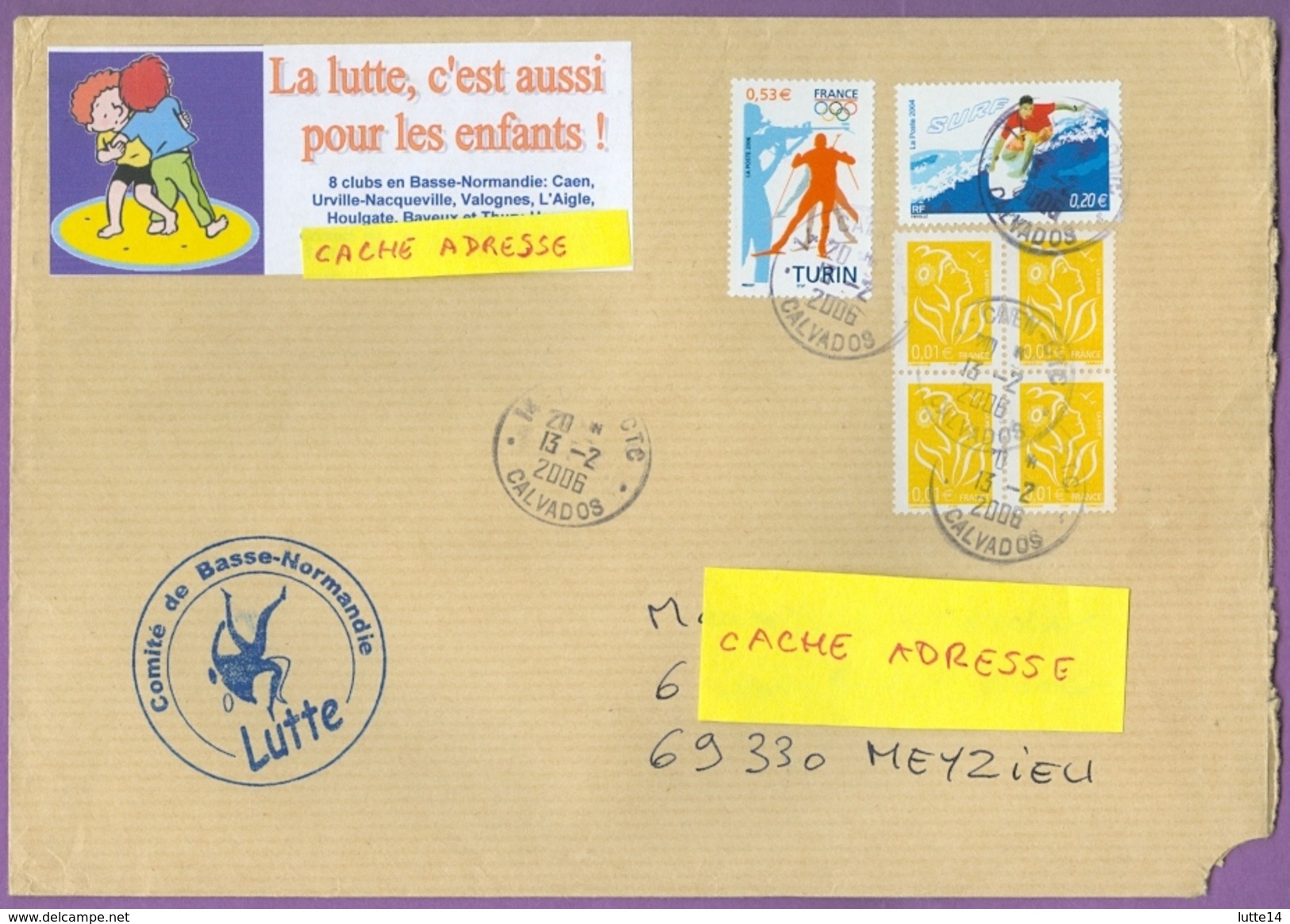 Timbre Sur Lettre 3876 : Jeux Olympiques Hiver Turin 2006 Biathlon / Sport Lutte France 13/02/2006 + Surf - Winter 2006: Turin