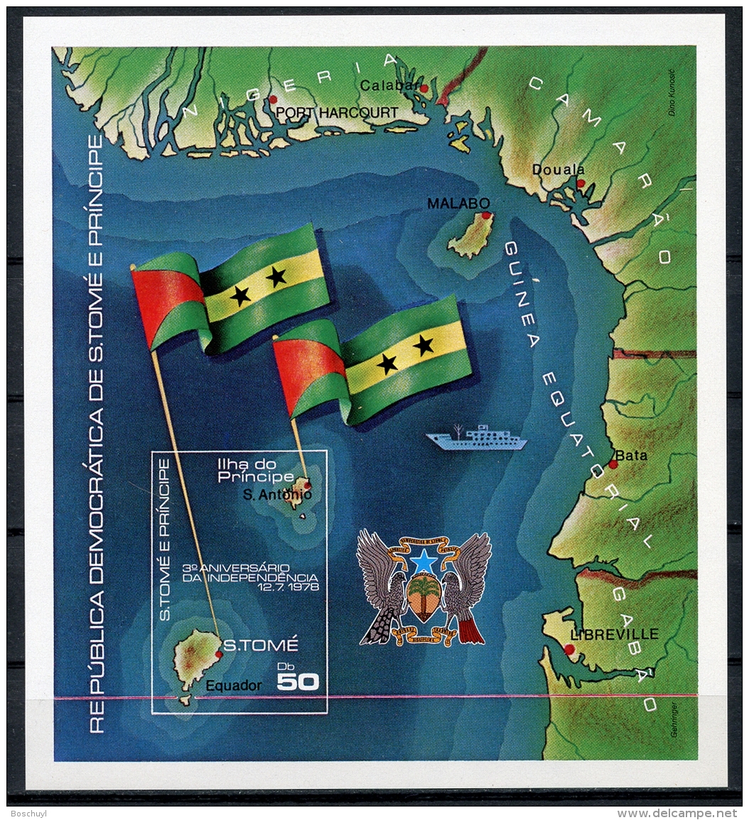 Sao Tome E Principe, 1978, Independence, Flags, Map, MNH Imperforated Sheet, Michel Block 14 - Sao Tome En Principe