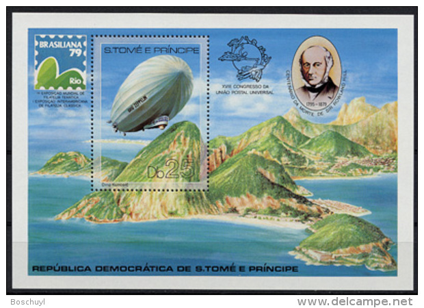 Sao Tome E Principe, 1979, UPU, Rowland Hill, Zeppelin, Brasiliana, MNH Perforated Sheet, Michel Block 36A - Sao Tomé Y Príncipe