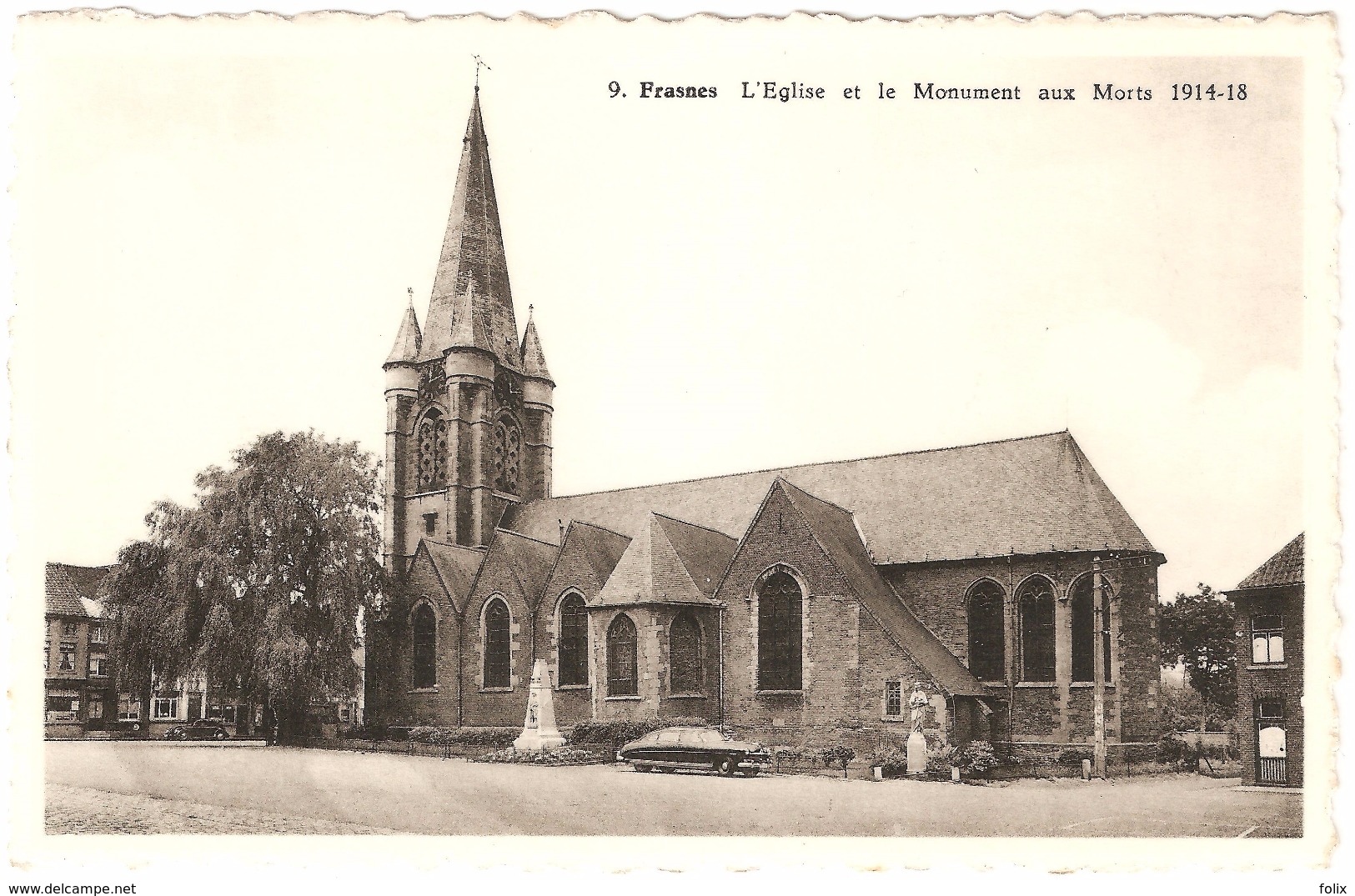 Frasnes - L'eglise Et Le Monument Aux Morts 1914-18 - Oldtimer - Ed. Papeterie Deroubaix à Frasnes - Frasnes-lez-Anvaing