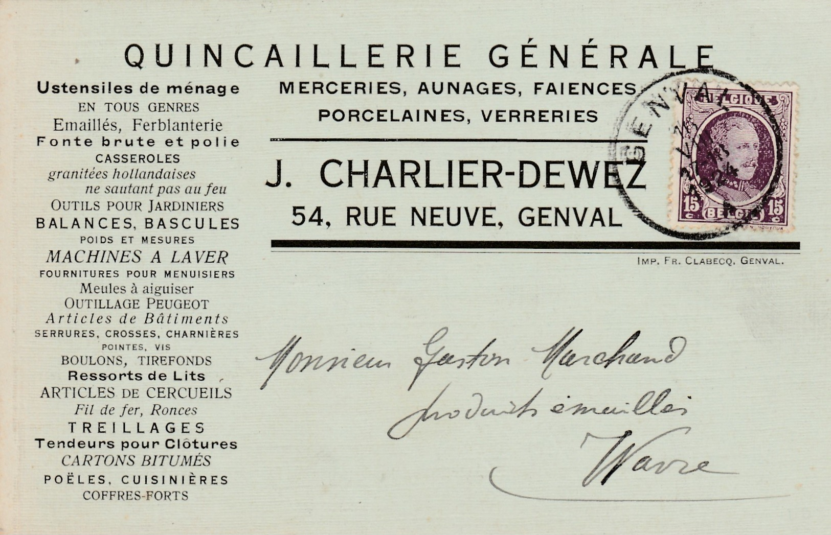 Genval,carte Publicité ,J.Charlier-Dewez ,quincaillerie,mercerie,aunage,faience,porcelaine,verrerie - Rixensart