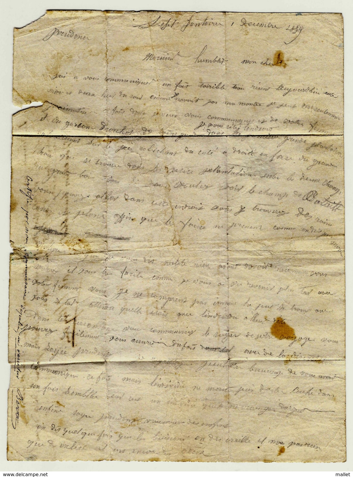 Taxe N°1 (10c Litho) - Obl Boîte Rurale J Répétée à Côté - Sur Lettre De Petit Pontoise - Signée Calves - 1859-1959 Lettres & Documents
