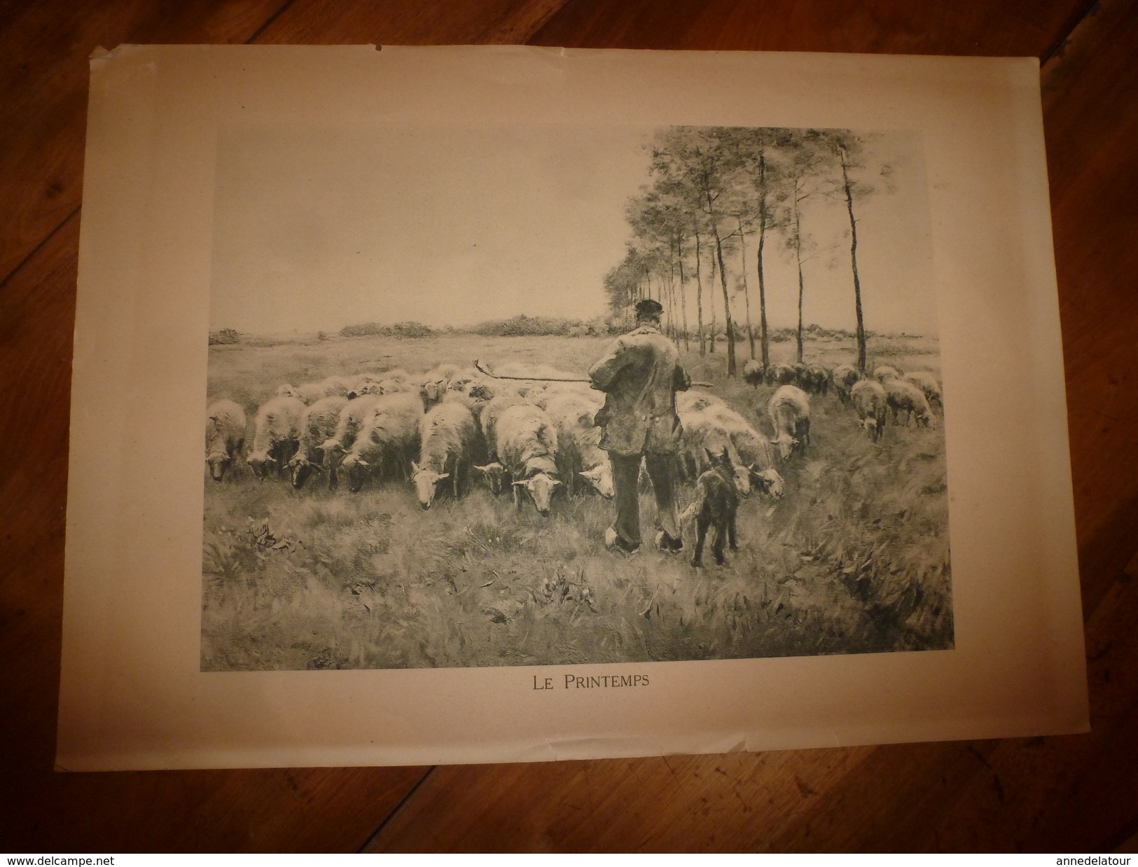 Années 1920-1930 Gravure Pastorale LE PRINTEMPS Représentant Un Berger Au Milieu De Ses Moutons Hors-tout 49 Cm X 34 Cm - Autres & Non Classés