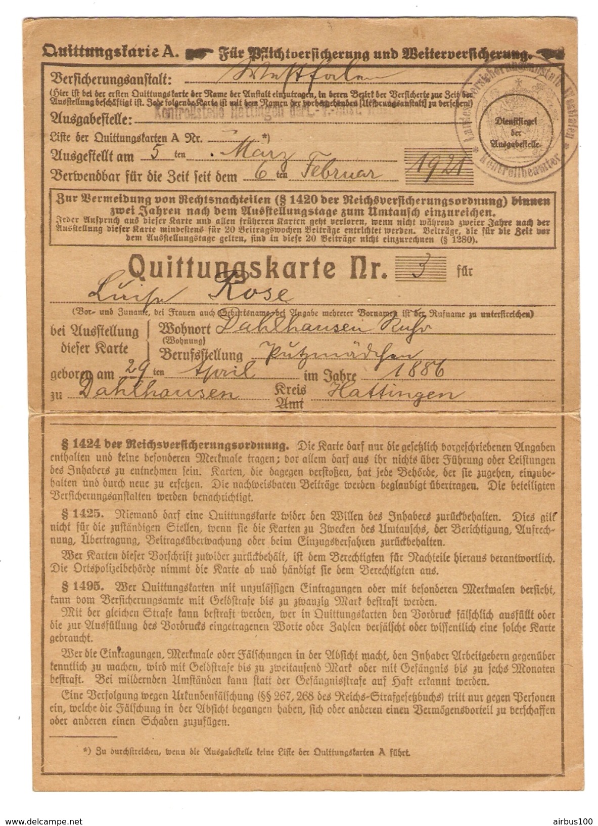 ALLEMAGNE WESTPHALIE CARTE DE QUITTANCE 1921 GERMANY QUITTUNGSKARTE WESTFALEN 1921 - 2 Scans - - Ohne Zuordnung