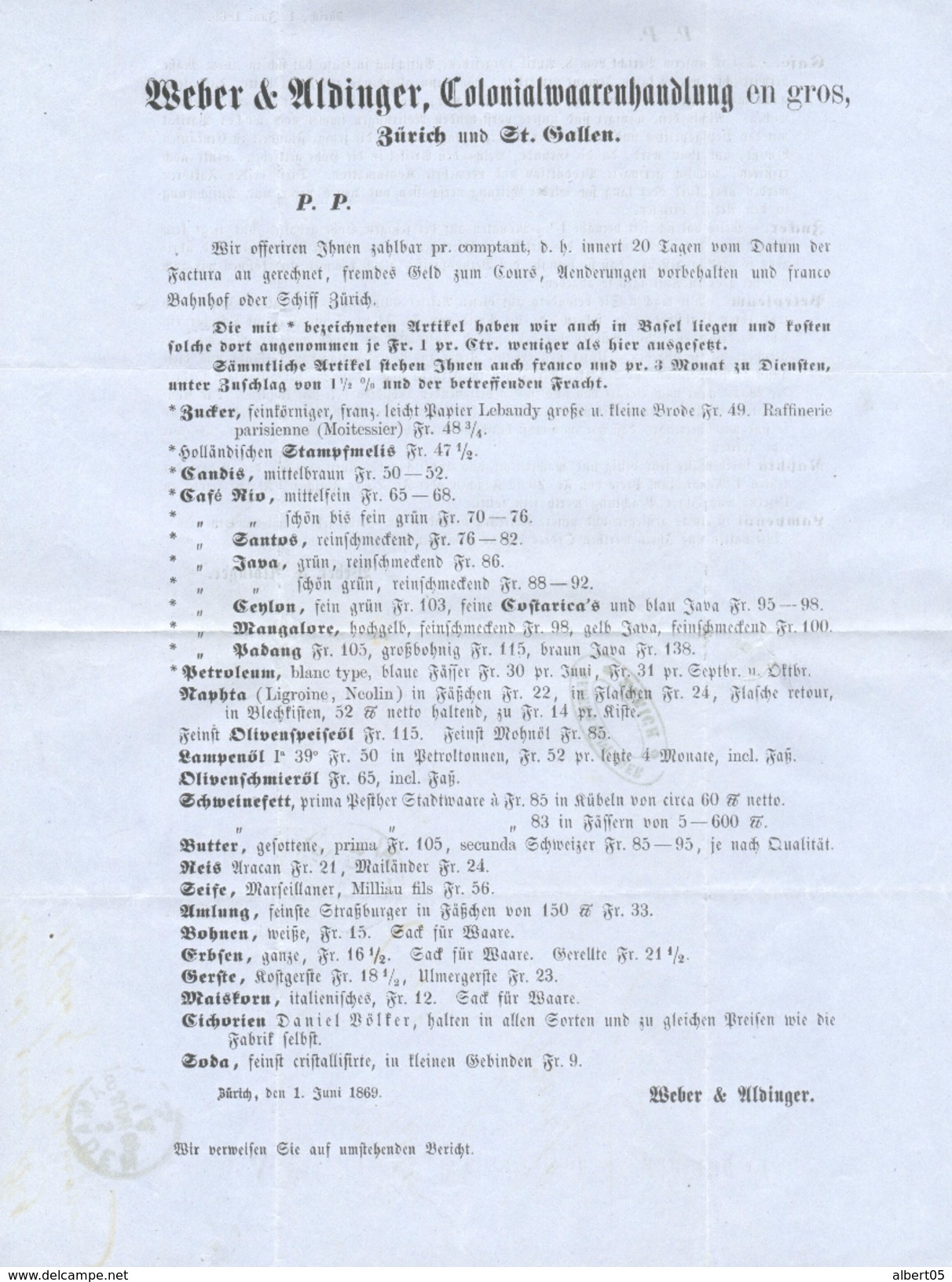 Lettre De Zurich 3 Juin 1869 - Maison Weber Et Aldinger Qui Présente Ses Produits Coloniaux  Cachet Samaden  5 Juin 1869 - Marcophilie