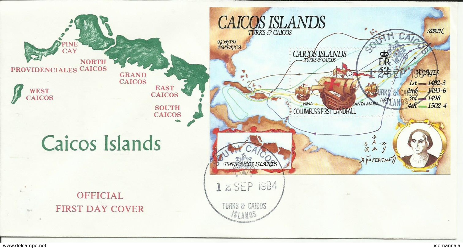 CAICOS SOBRE  PRIMER DIA DESCUBRIMIENTO AMERICA - Turks & Caicos (I. Turques Et Caïques)