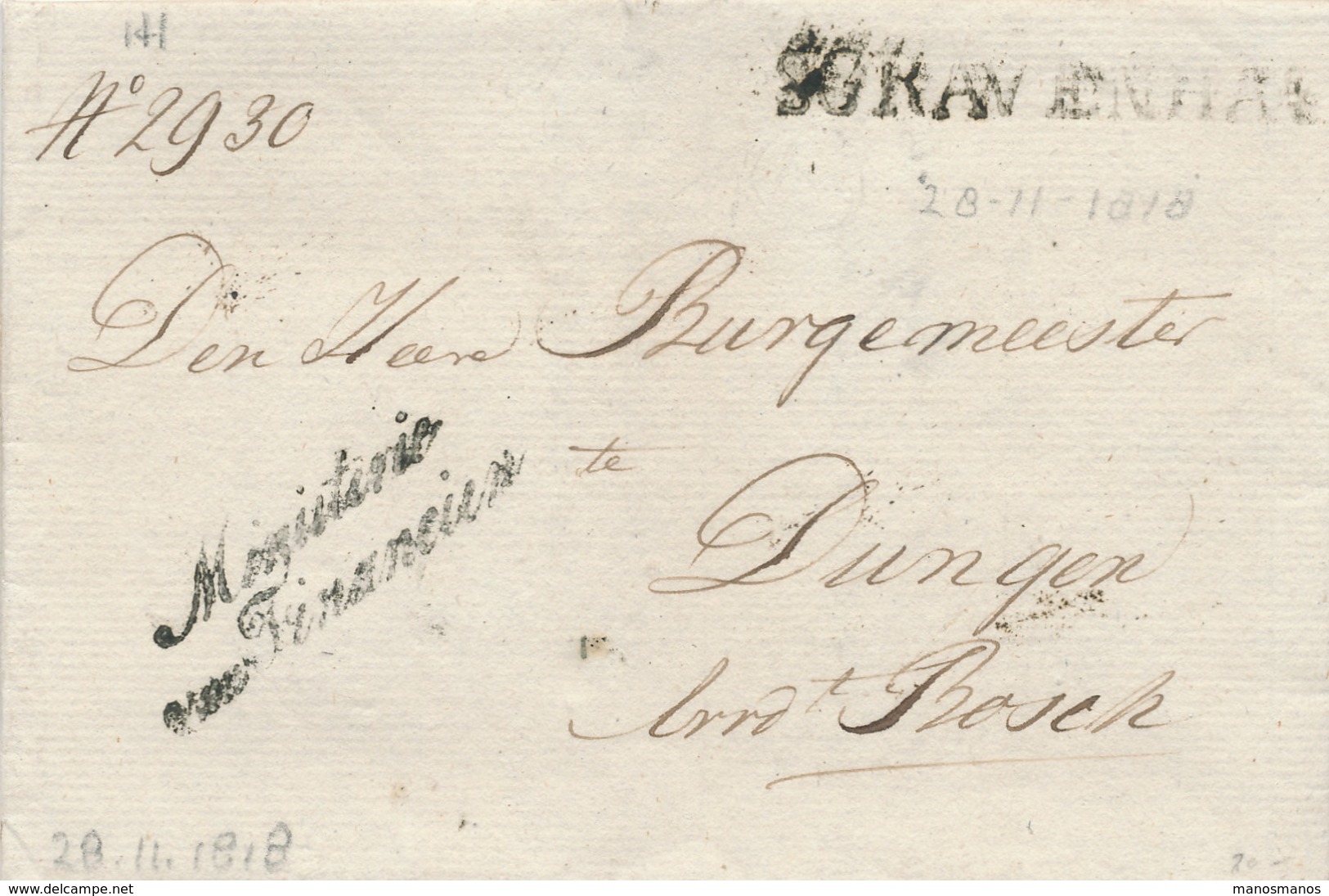 864/24 - Lettre Précurseur S'GRAVENHAGE 1818 Griffe Ministerie Van Financien Vers Bourgmestre DUNGEN - ...-1852 Vorläufer