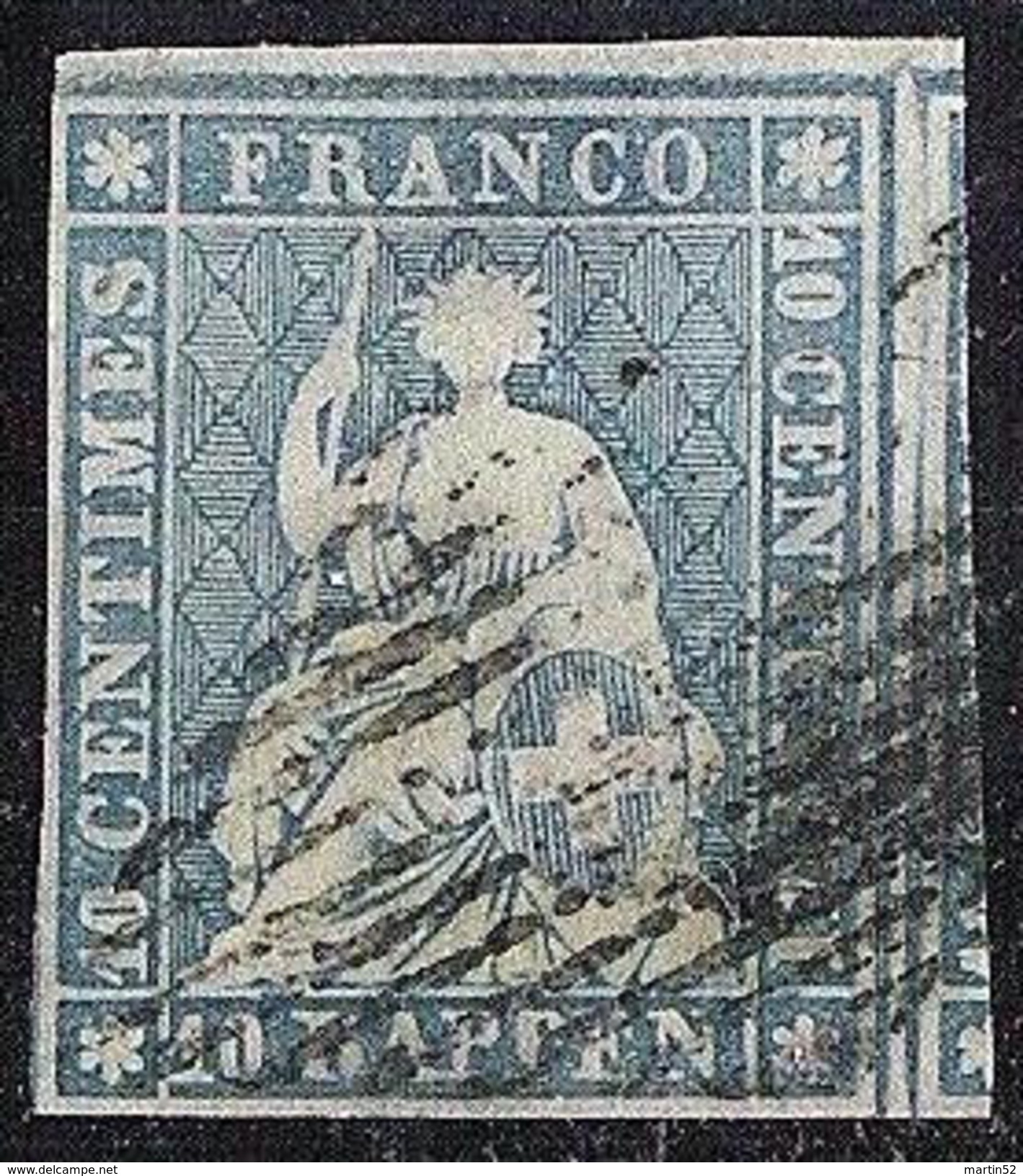 III.Periode Faden Grün 1856: 10 RAPPEN Blau Zu 23 F Mi 14IIBzm Mit Rauten-o (Zu CHF 1225.00) - Used Stamps