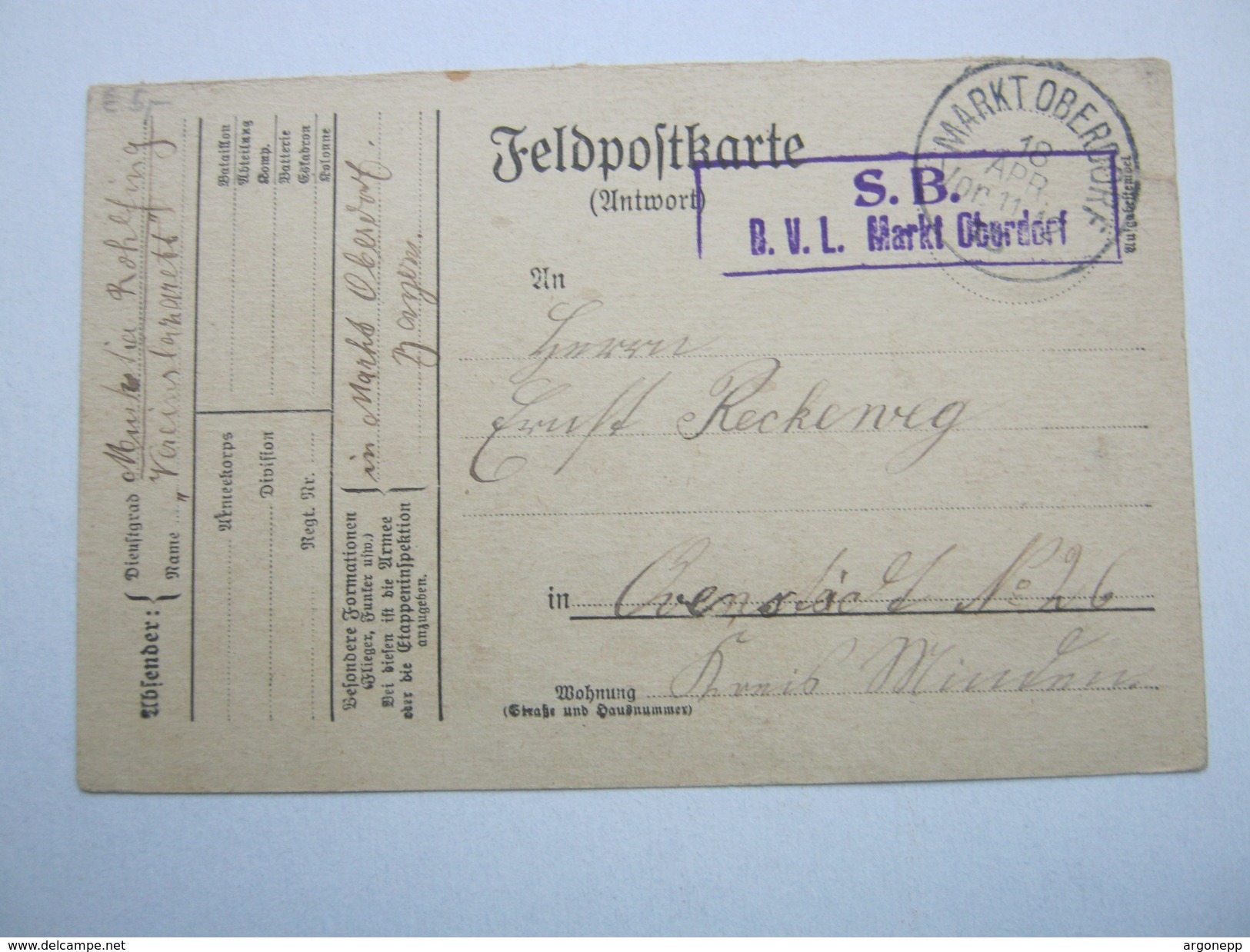 1915 , MARKT OBERDORF ,   , Recht Klare Stempel Auf Feldpostkarte Mit Truppensiegel - Feldpost (portvrij)