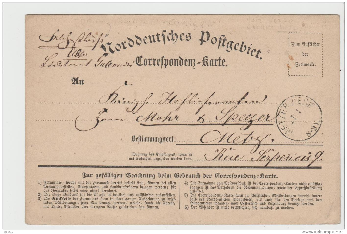 EL070 / , Feldpost, Krieg 1870-71 Auf NDP Korrespondenzkarte Metzerwiese Nach Metz 26.1.1871, Ankunft 27.1.71 - Sonstige & Ohne Zuordnung