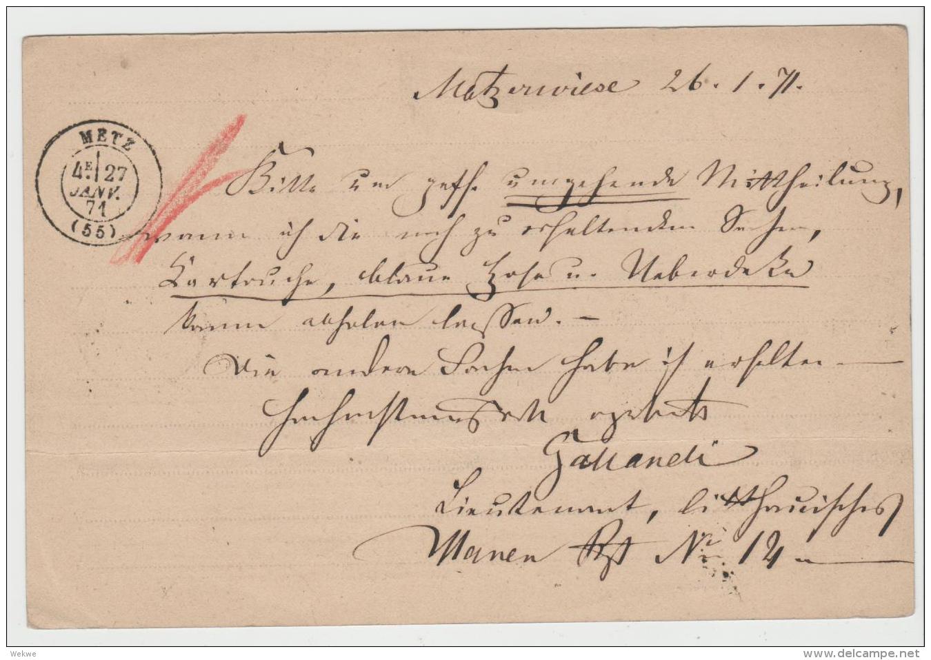 EL070 / , Feldpost, Krieg 1870-71 Auf NDP Korrespondenzkarte Metzerwiese Nach Metz 26.1.1871, Ankunft 27.1.71 - Sonstige & Ohne Zuordnung