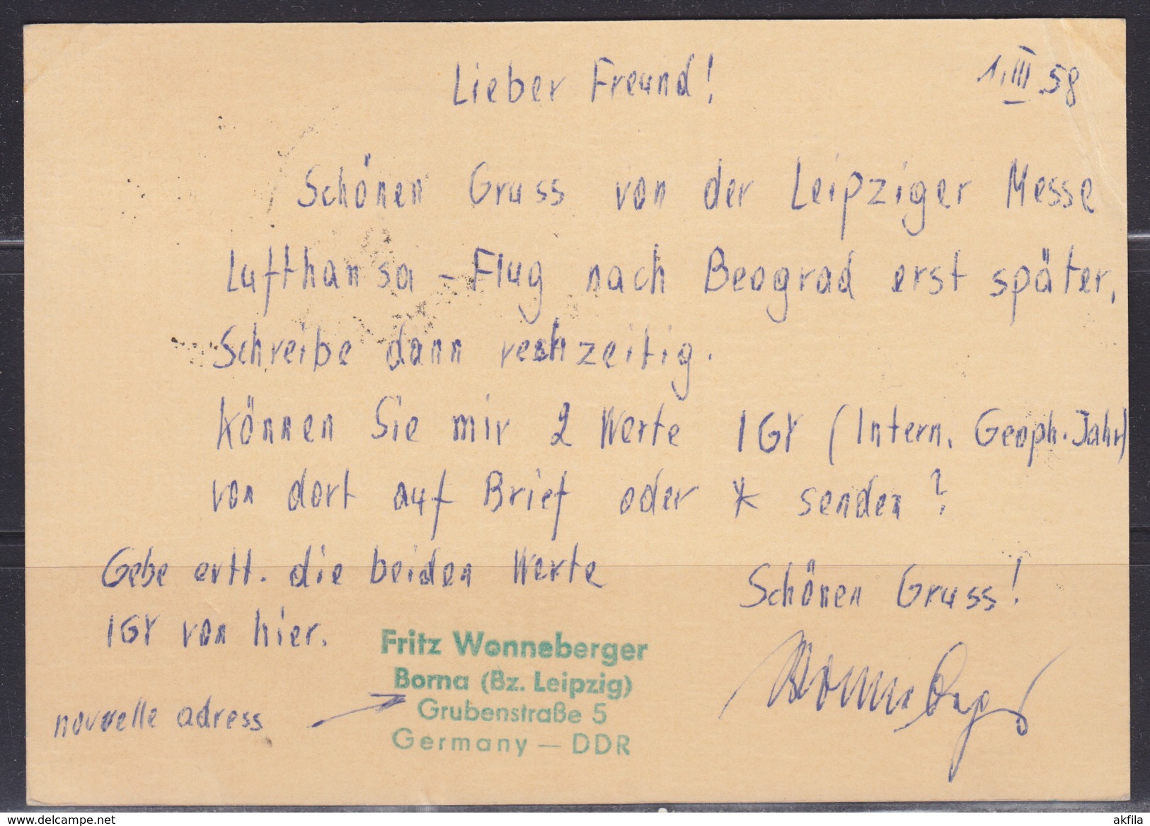 DDR East Germany 5.III.1959 Spring Fair In Leipzig, Airmail Card To Beograd - Briefe U. Dokumente
