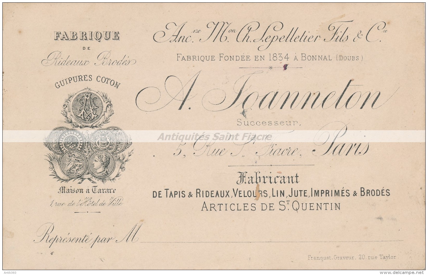 Ancienne Carte De Visite XIXème A. JOANNETON Rue Saint Fiacre Paris 2ème Fabrique De Rideaux Et Tapis - Visiting Cards