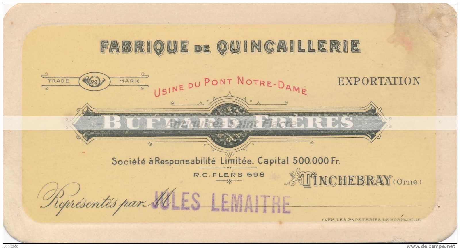 Ancienne Carte De Visite Fabrique De Quincaillerie Buffard Frères à Tinchebray (Orne) - Visitenkarten