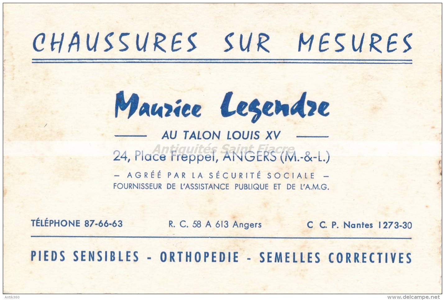 Ancienne Carte De Visite Chaussures Sur Mesures Maurice LEGENDRE Angers Orthopédie - Visiting Cards