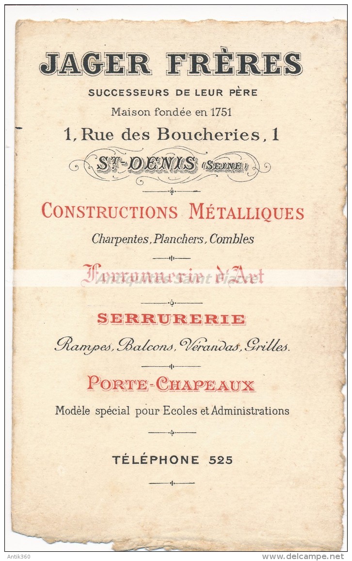 Ancienne Carte De Visite Jager Frères à Saint Denis (93) Constructions Métalliques, Ferronerie D'Art, Serrurerie - Visitekaartjes