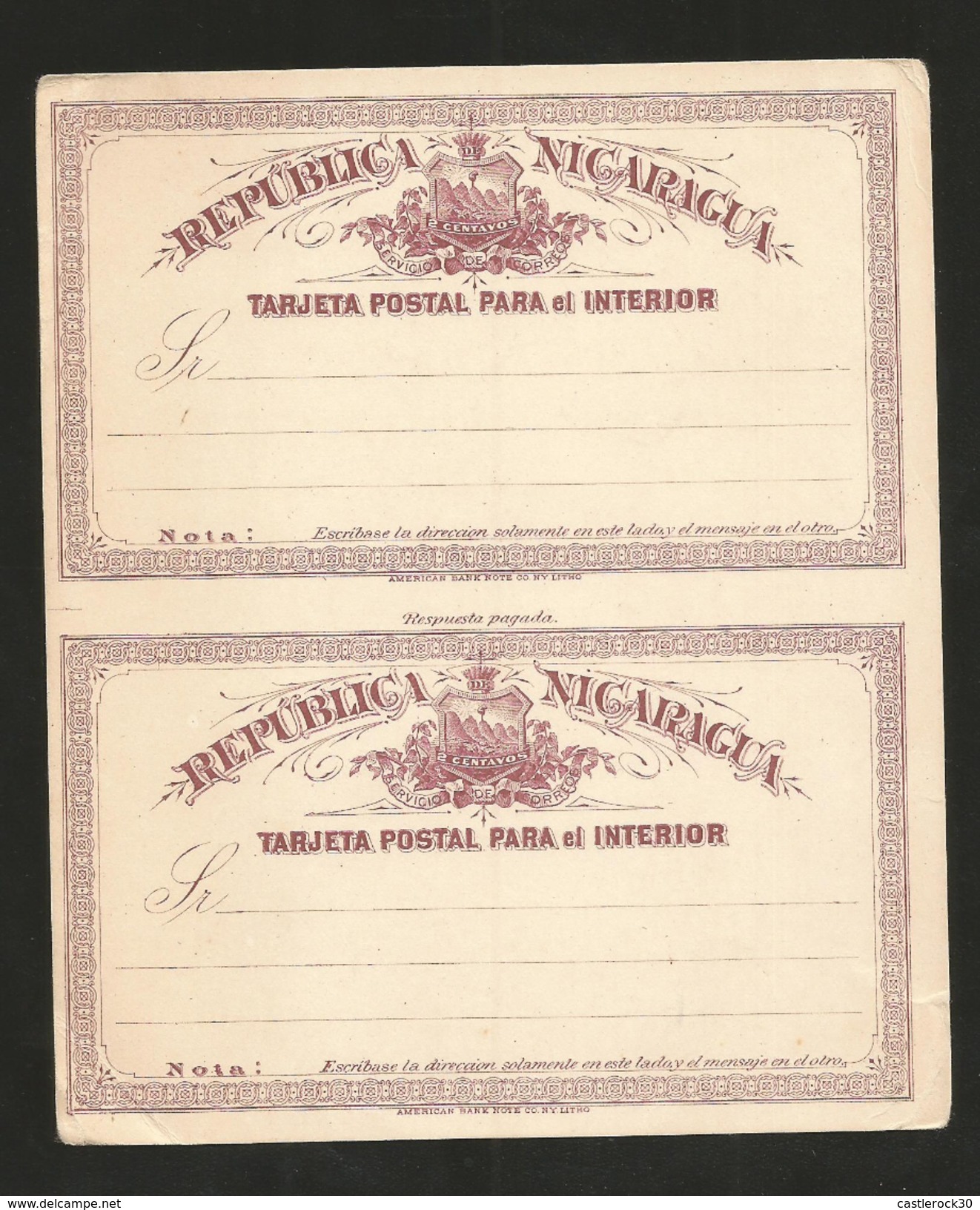 O) 1898 NICARAGUA, POSTAL CARD. 2 CENTAVOS, POSTAL REPLY COUPON, XF - Nicaragua