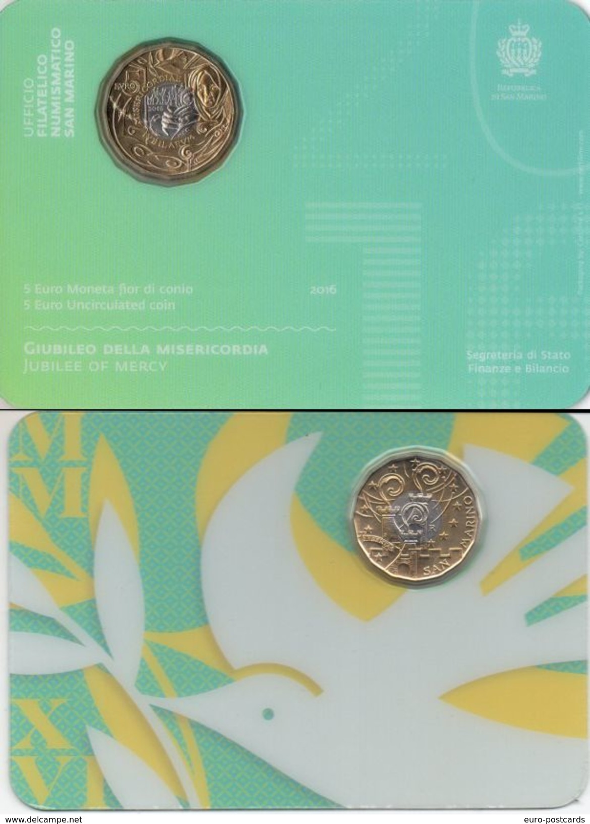 SAN MARINO 2016 - 5 &euro;URO BLISTER FDC Bimetallico Giubileo Della Misericordia PRIMO EMESSO - San Marino