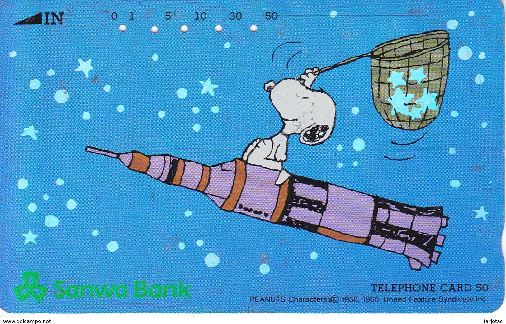 TARJETA DE JAPON DE SNOOPY EN UN COHETE ESPACIAL (110-95684) SANWA BANK - Japón