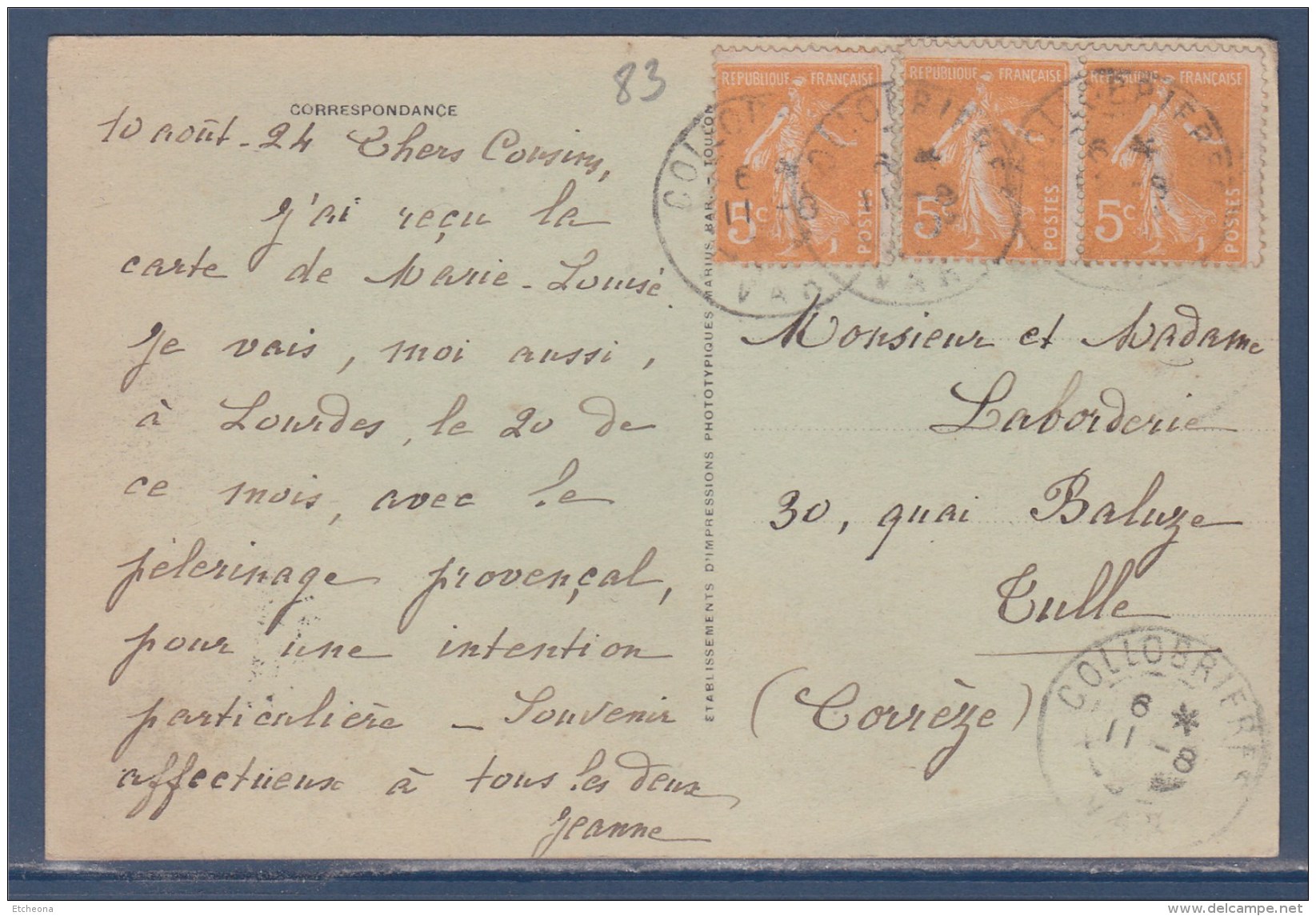 = Colobrières, Var, Place De L'Hôtel De Ville  3 Timbres 158 Le 11.8.1924 - Collobrieres