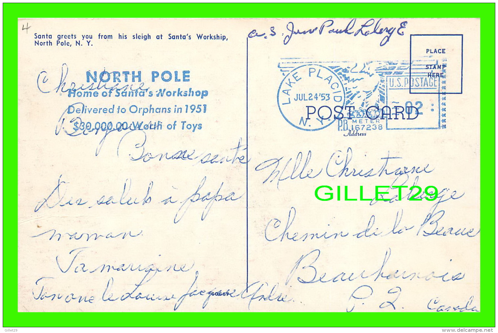 SANTA CLAUS - NORTH POLE, NY - SANTA GREETS YOU FROM HIS SLEIGH AT SANTA'S WORKSHIP - TRAVEL IN 1953 - - Santa Claus