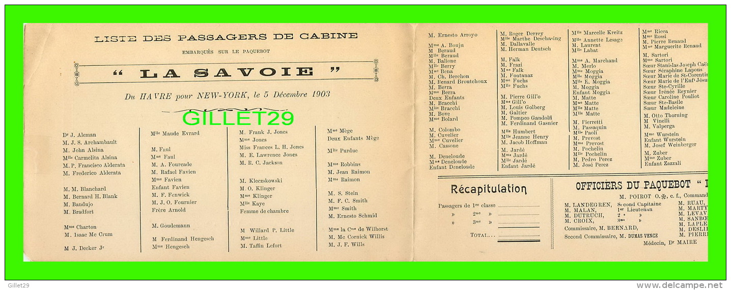 DOCUMENTS HISTORIQUES - LISTE DES PASSAGERS DE CABINE DU PAQUEBOT "LA SAVOIE" EN 1903 - 1892 BY BOUSSOD,VALADON &amp; CO - Documenti Storici