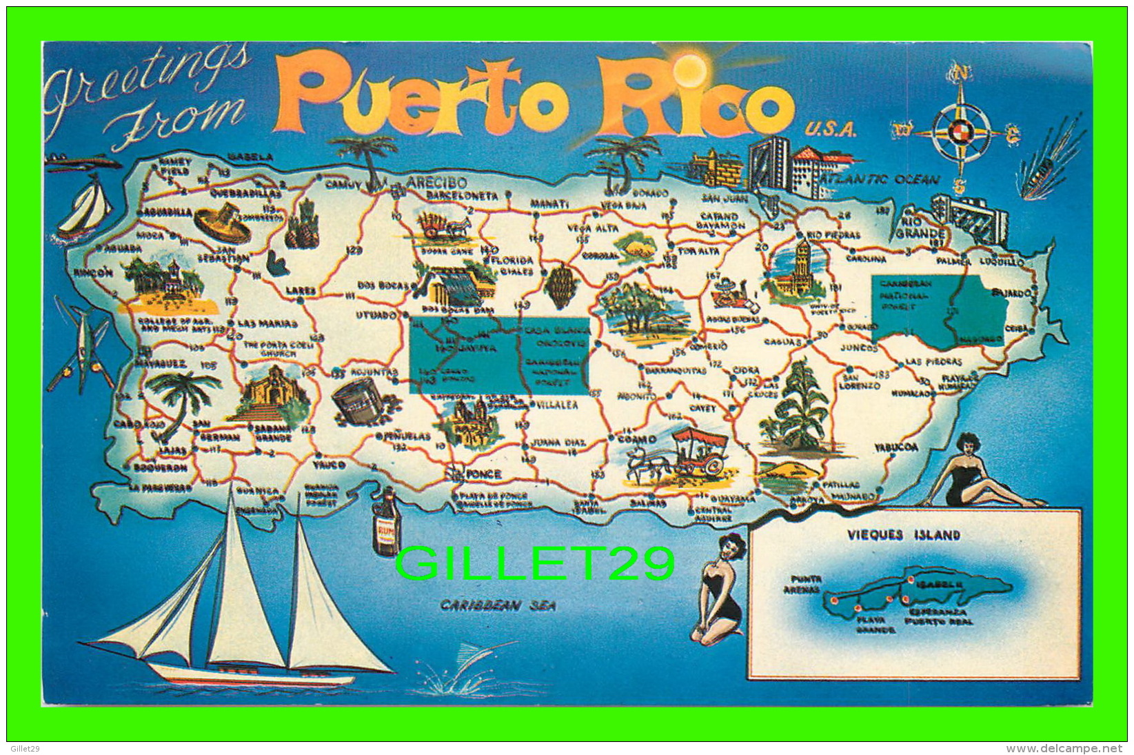 MAP - GREETINGS FROM PUERTO RICO - CARTE GÉOGRAPHIQUE - TRAVEL IN 1964 - - Cartes Géographiques