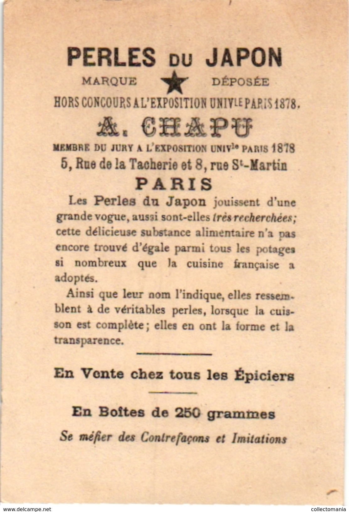 7 Cards PubTapioka Chapu Paris Perles du Japon Imp Sicard Jean Bart Beranger Victor Hugo Jeanne Darc Wateau Lulli