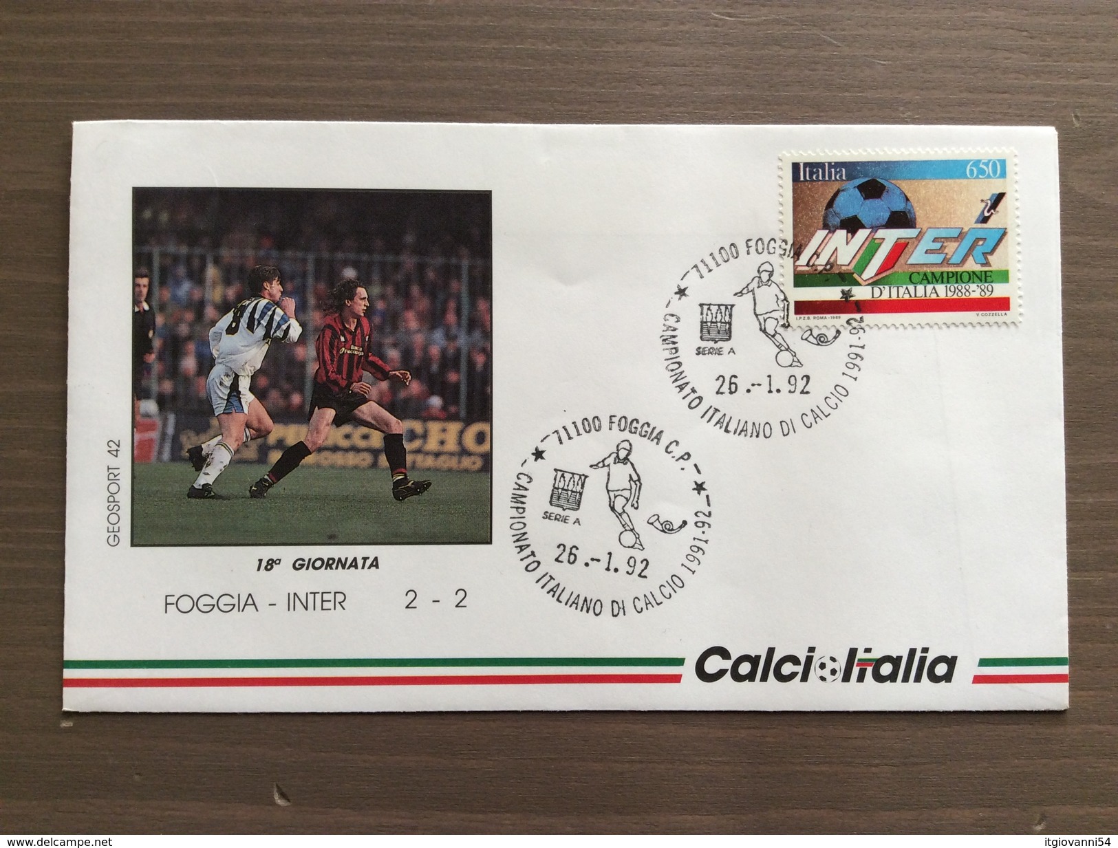 Busta Ufficiale Calcio Italia Campionato Italiano Di Calcio Serie A 1991-92 Foggia-Inter 26-1-1992 - Storia Postale