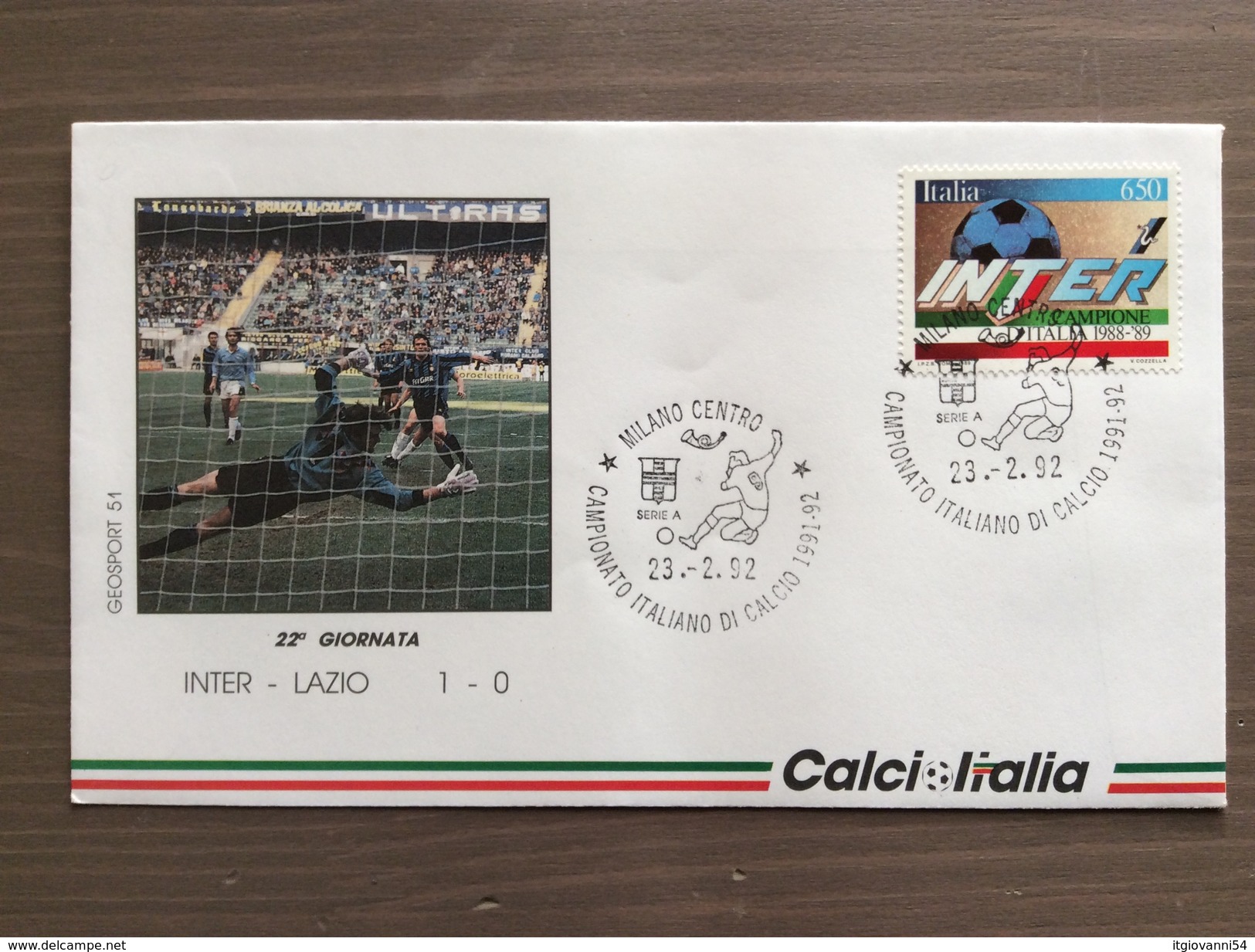 Busta Ufficiale Calcio Italia Campionato Italiano Di Calcio Serie A 1991-92 Inter-Lazio 23-2-1992 - Storia Postale