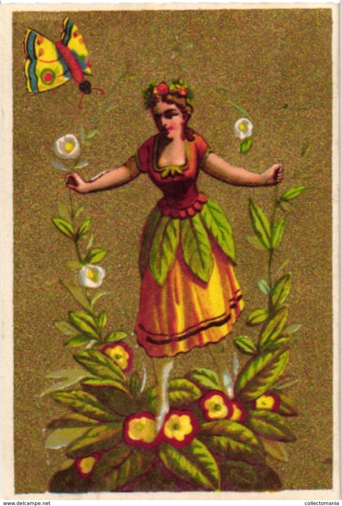 6 Cards C 1900  Flower Woman With Insects Beetle Papillions  Golden Background  Blanco Backs Litho - Autres & Non Classés