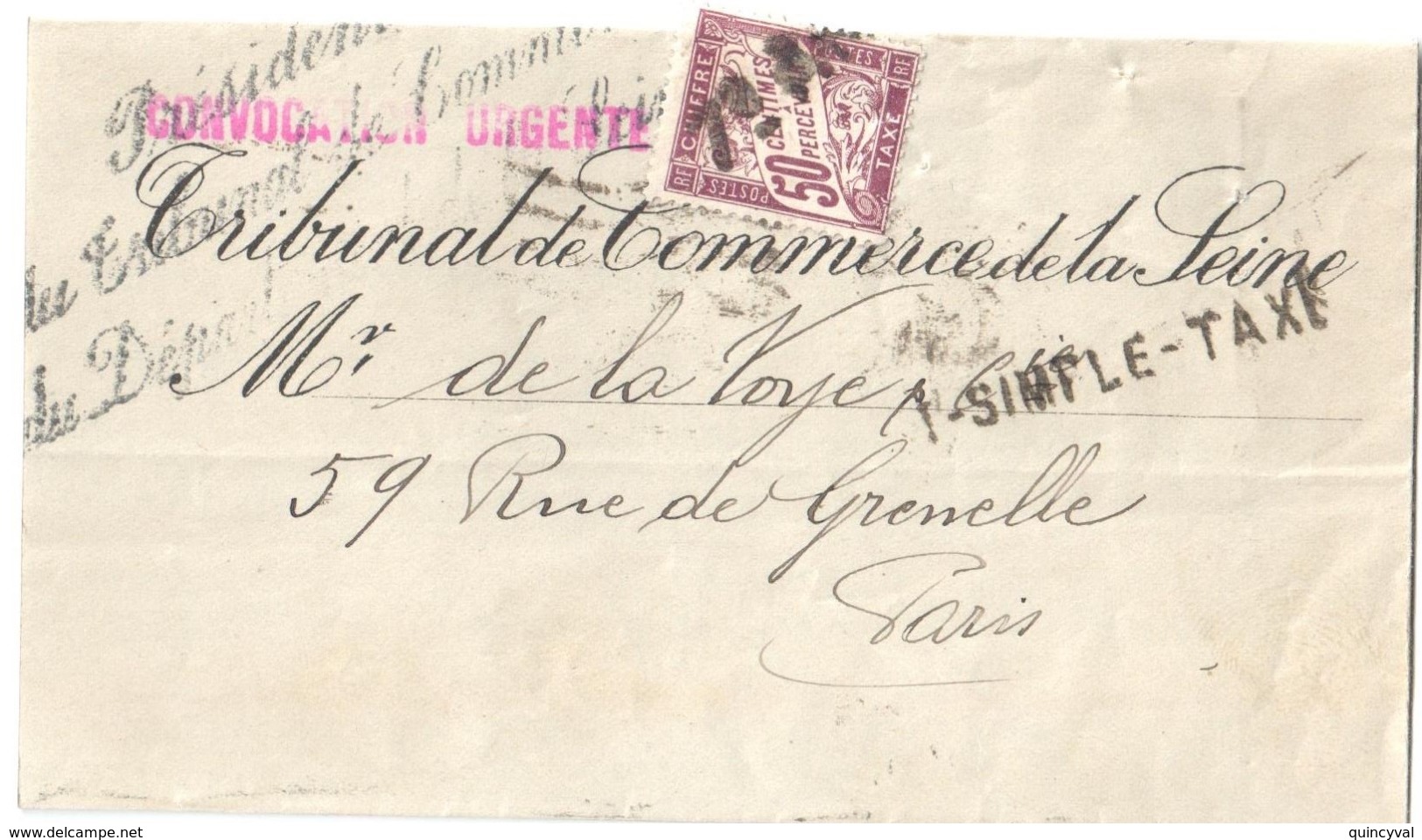 3685 Lettre Convocation Tribunal De Commerce Simple Taxe Marque Président Taxe Banderole Yv 37 50 C Arrivée 21 2 1934 - 1859-1959 Cartas & Documentos