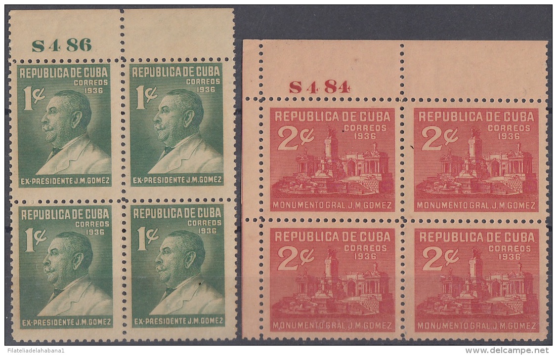 1936-232 CUBA REPUBLICA. 1936. Ed.292-93. JOSE MIGUEL GOMEZ. BLOCK 4 NUMERO DE PLANCHA. PLATE NUMBER. GOMA ORIGINAL LIGE - Ongebruikt