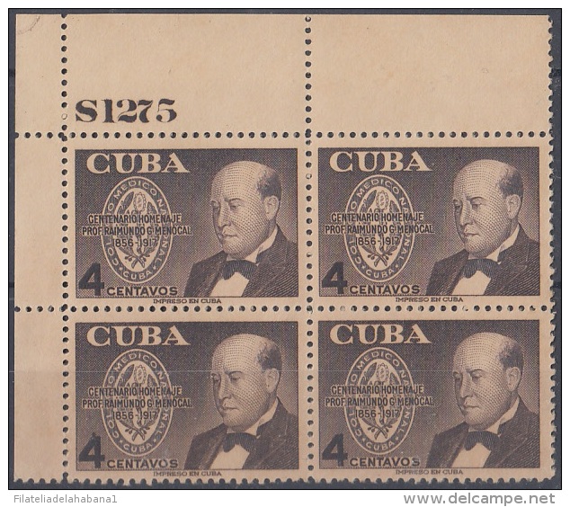 1956-240 CUBA. REPUBLICA. 1956. Ed.680. RAIMUNDO GARCIA MENOCAL. BLOCK 4 GOMA MANCHADA. PLATE NUMBER. - Ungebraucht