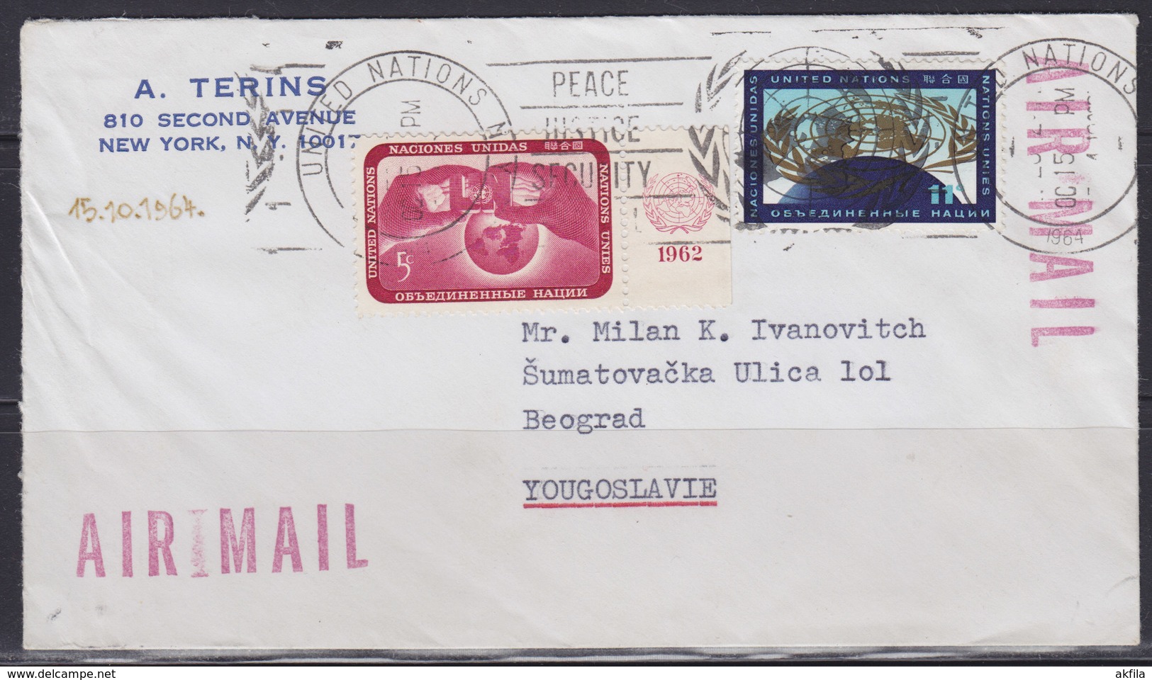 United Nations (New York) 1964 Airmail Letter To Beograd (YU) - Luftpost