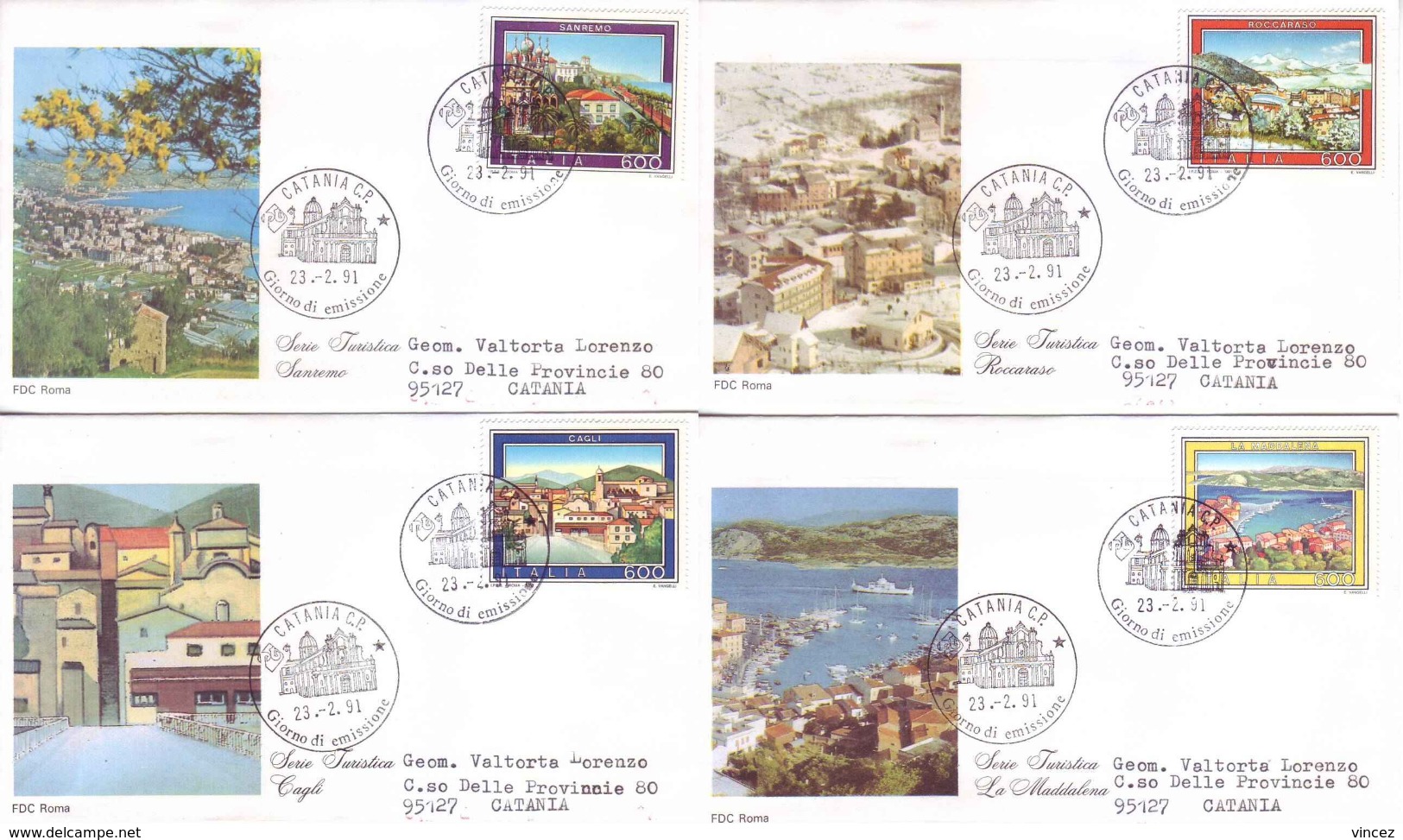 Italia 1991 - Turistica In 4 FDC (Sanremo, Cagli, Roccaraso, La Maddalena) - FDC