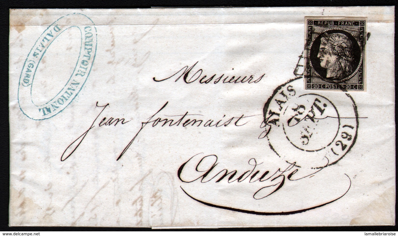 LETTRE  AVEC CORRESPONDANCE DE ALAIS (ALES) 20C NOIR OBL GRILLE, CACHET A DATE TYPE 13 DU 17 SEPT 1849 - 1849-1876: Période Classique