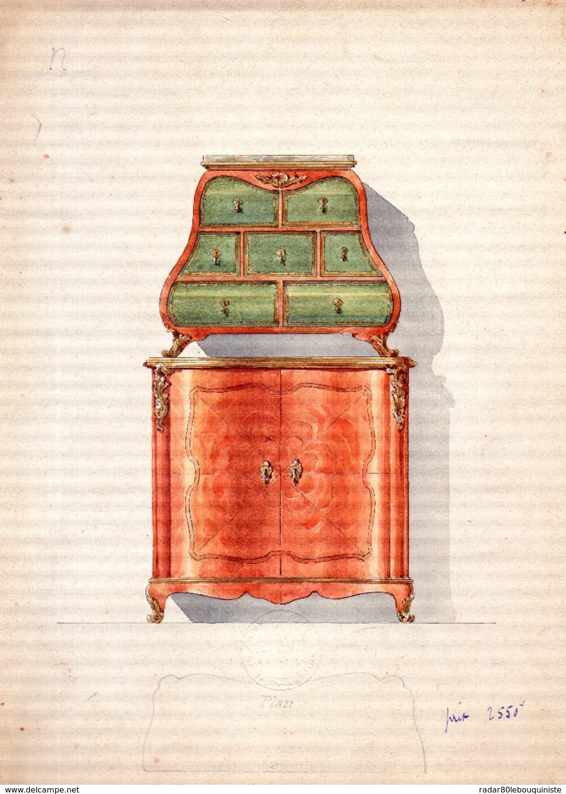 Plan D'un Meuble D'appui-commode.A.DECOUR,décoration Anciennes & Modernes,26 Bis Rue François 1er,Paris.30,3 X 22 Cm - Aquarelles