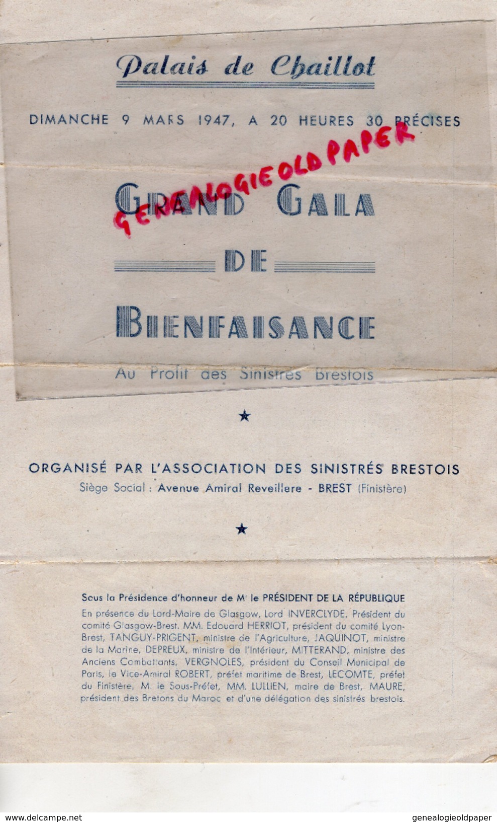 75- PARIS -PROGRAMME PALAIS CHAILLOT-9 MARS 1947-GALA BIENFAISANCE AU PROFIT DES SINISTRES BRESTOIS- BREST-MAURE MAIRE - Programs