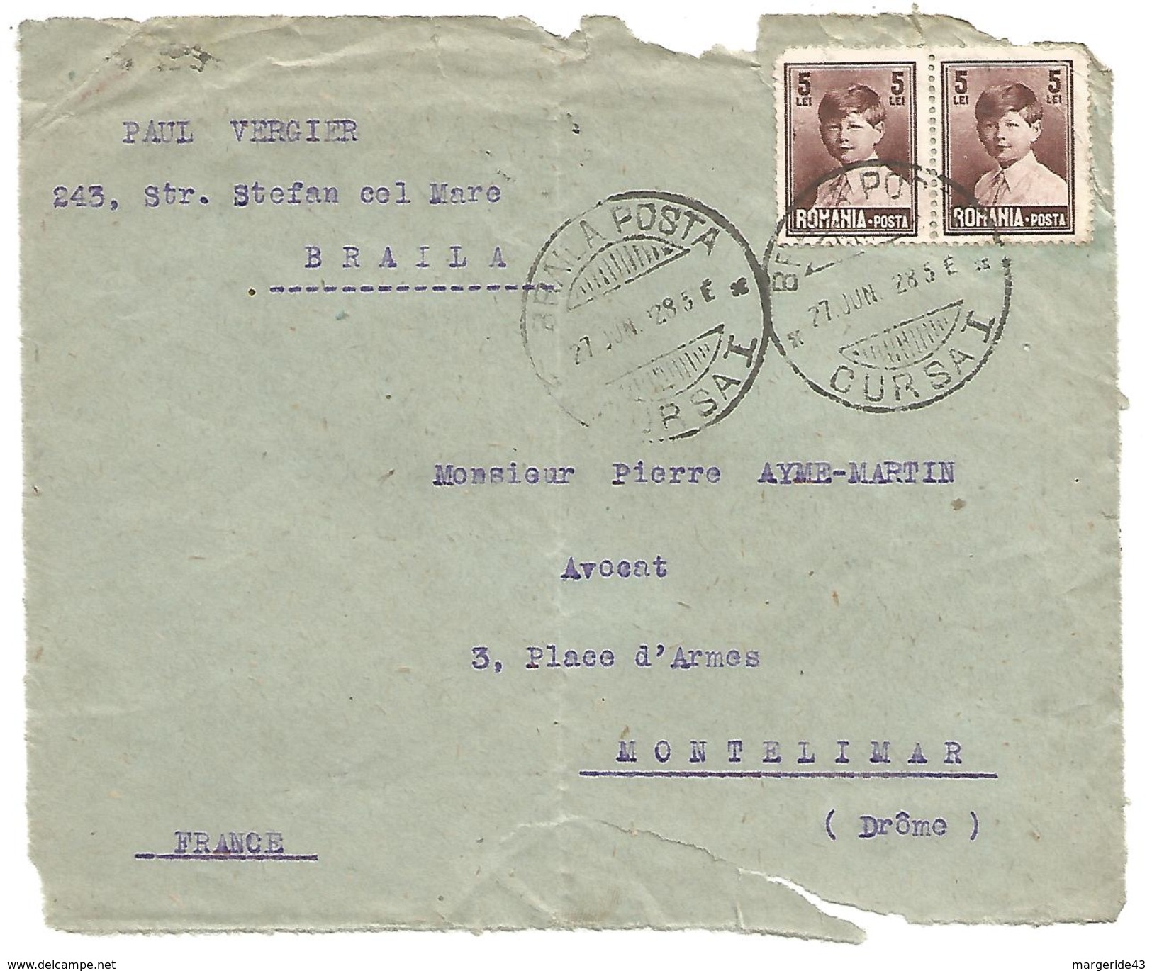ROUMANIE ROYAUME DEVANT DE LETTRE DE BRAILA POUR LA FRANCE DU 27/6/1928 - Postmark Collection
