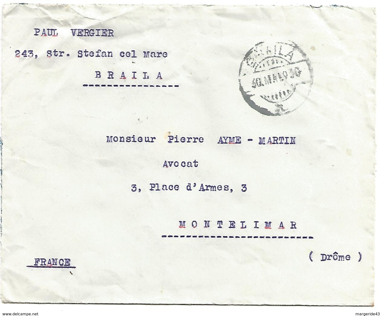 ROUMANIE ROYAUME LETTRE DE BRAILA POUR LA FRANCE DU 30/5/1930 - Poststempel (Marcophilie)