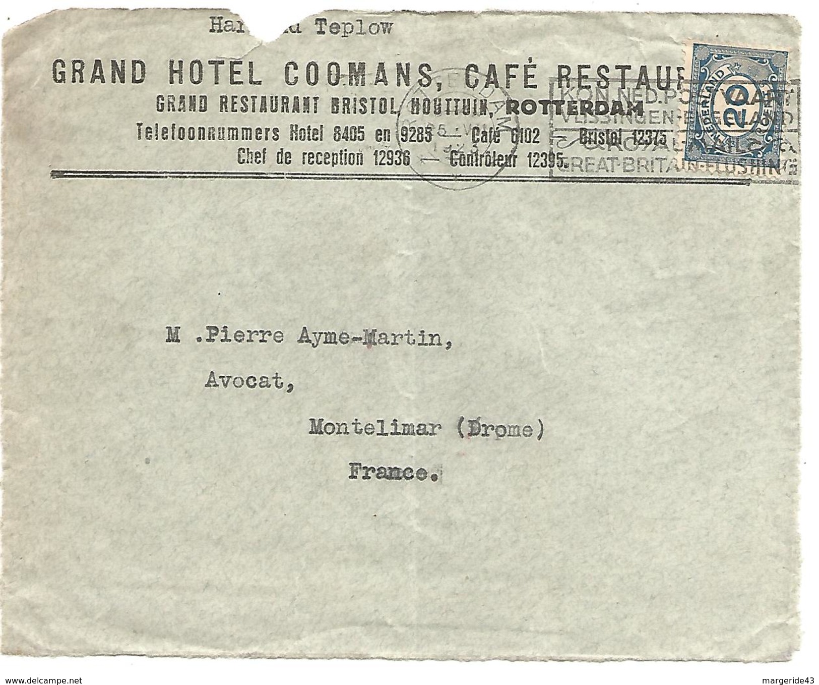 PAYS BAS DEVANT DE LETTRE A EN TETE DE AMSTERDAM POUR LA FRANCE DU 25/7/1923 - Postal History